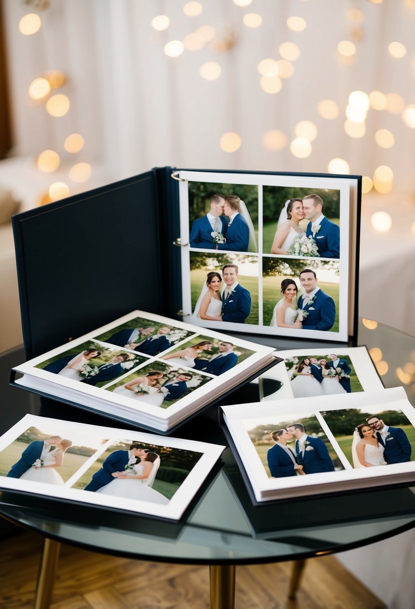 A wedding album open on a table, filled with photos of the couple in a consistent color theme