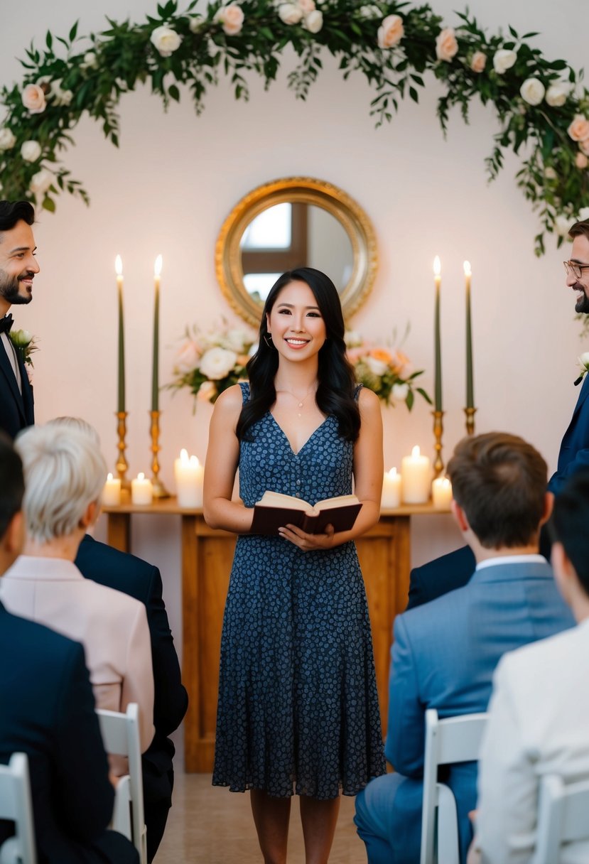 A friend stands before a small gathering, holding a book and speaking. Flowers and candles adorn the intimate ceremony space