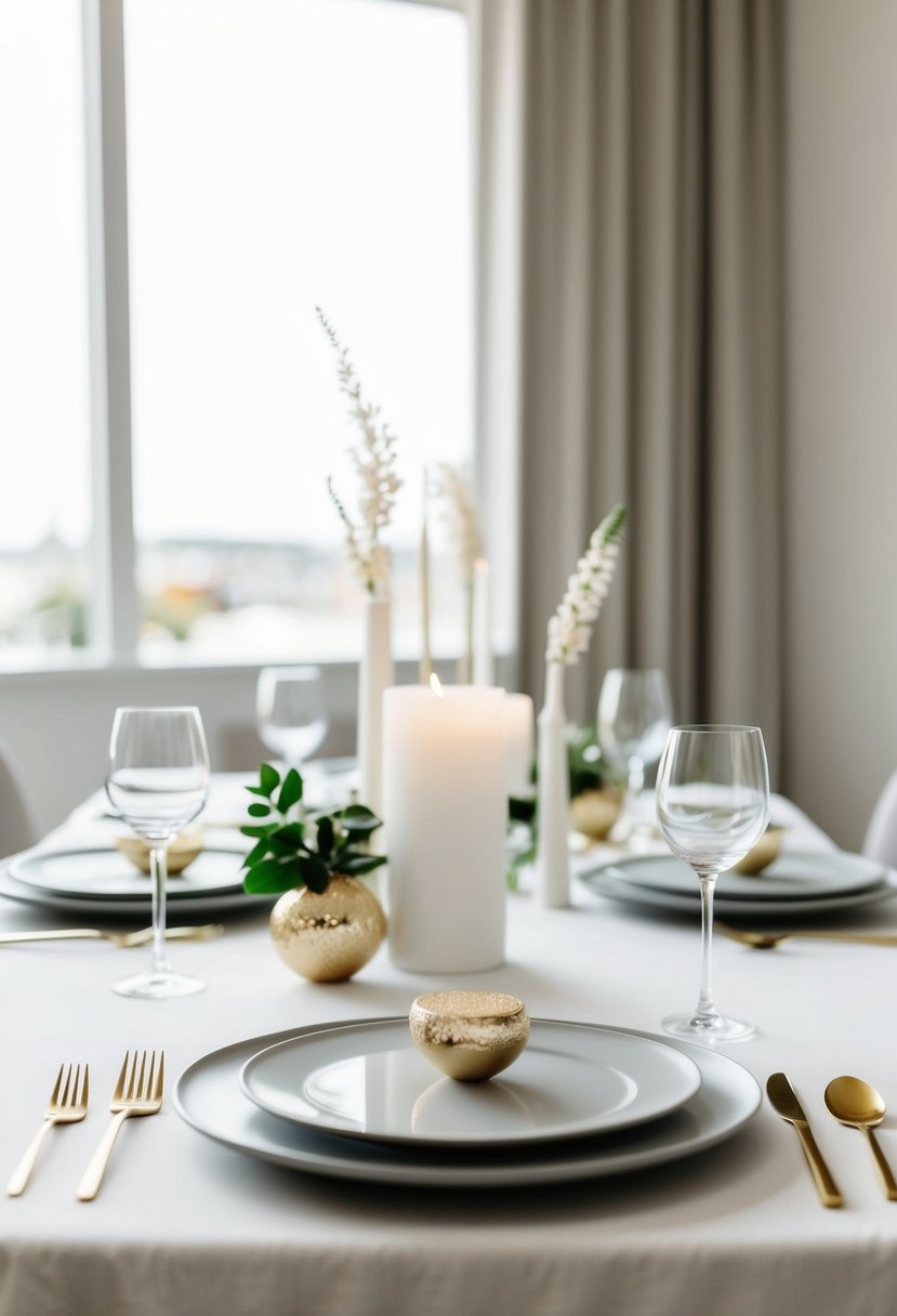 A simple, elegant table setting with clean lines and a few carefully chosen decorative elements