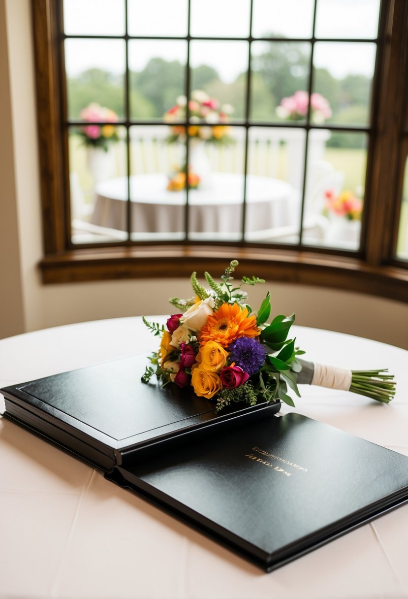 A classic black and white wedding album open on a table, with a colorful bouquet of flowers resting on top