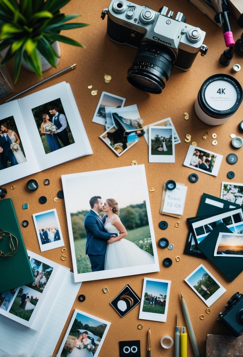 A cluttered desk with scattered photos and wedding album tips, surrounded by art supplies and a camera