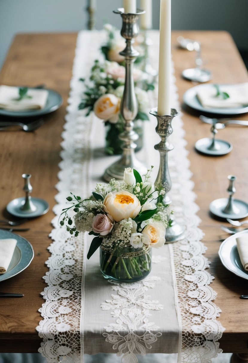 A vintage lace table runner with delicate floral centerpieces and antique silver candlesticks on a wooden table