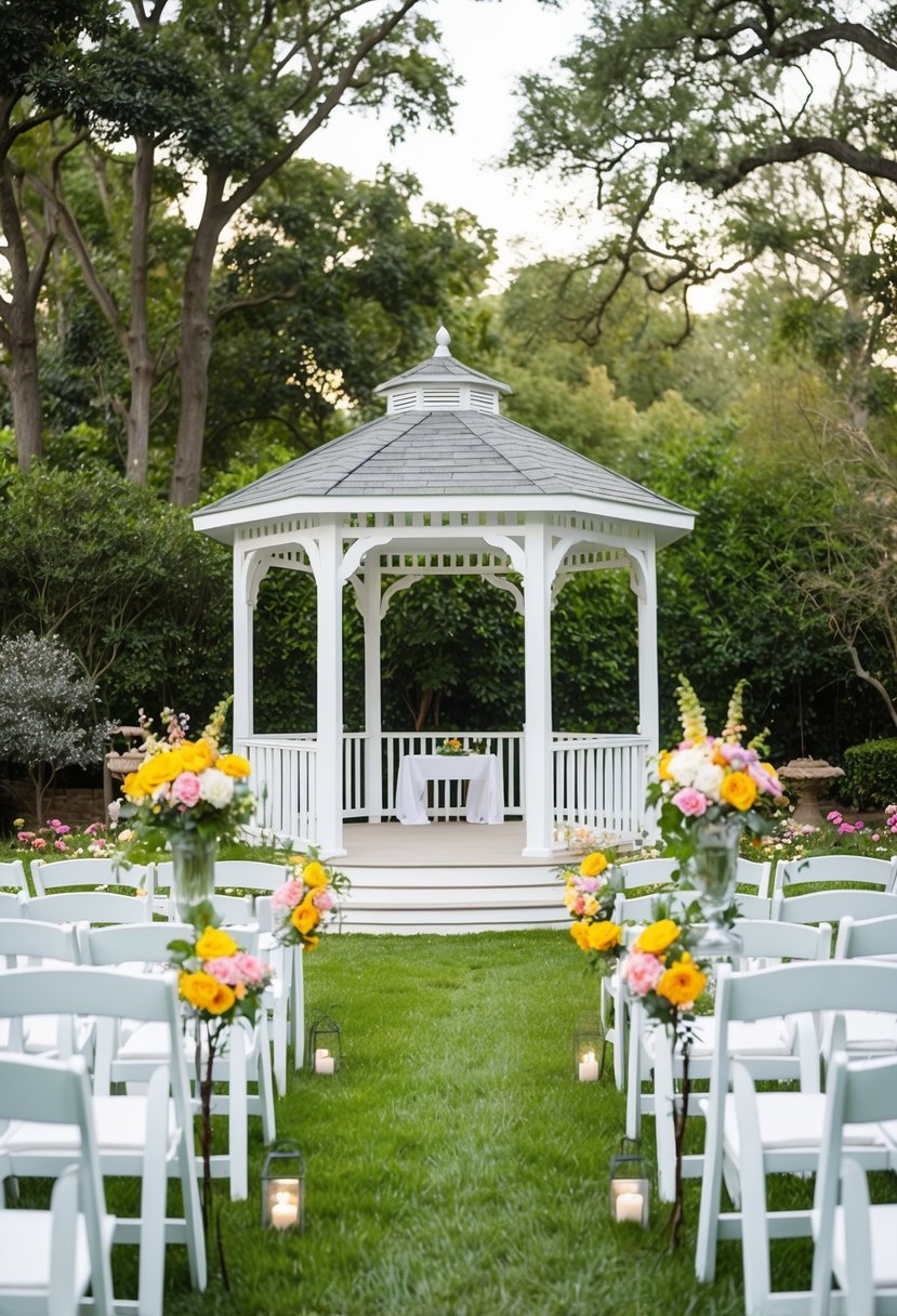 A serene backyard with a white gazebo adorned with flowers, rows of chairs, and a pathway leading to a makeshift altar under a canopy of trees