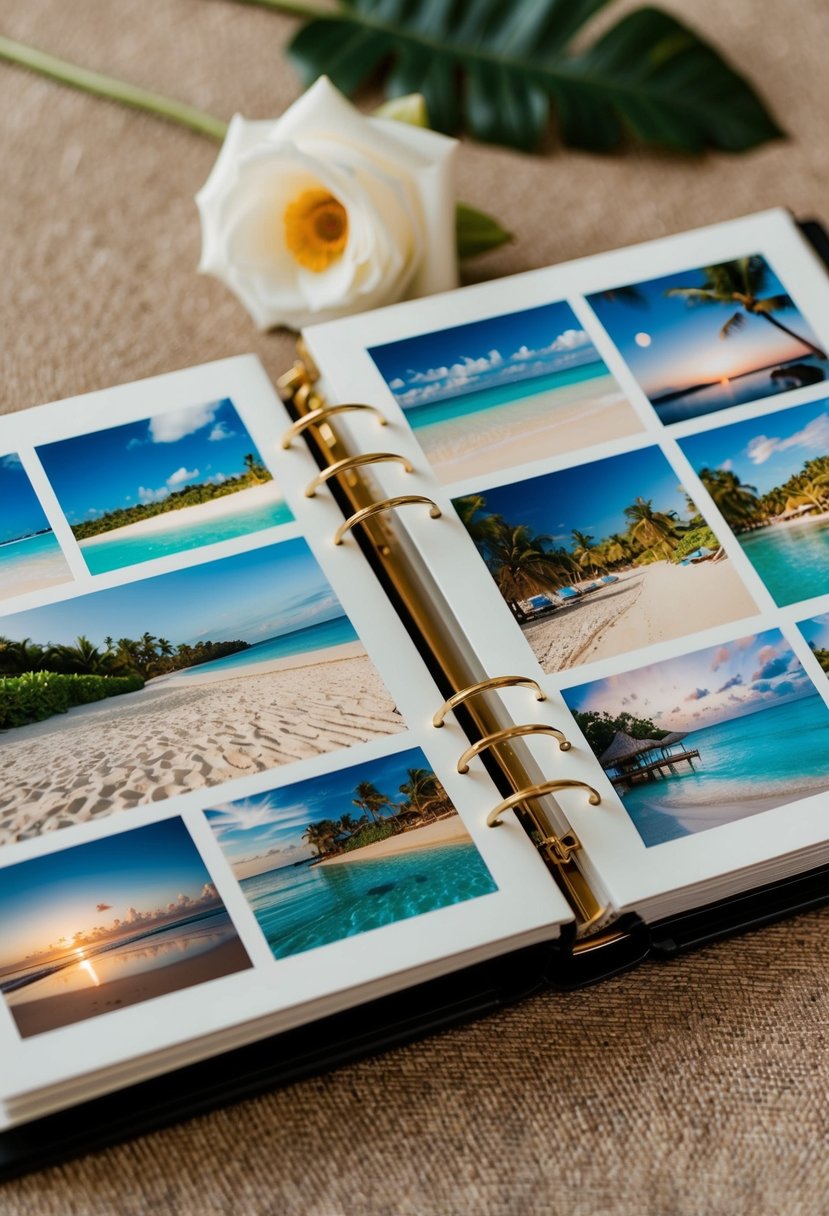 A wedding album open to a page filled with travel and honeymoon shots - sandy beaches, exotic landscapes, and romantic sunsets