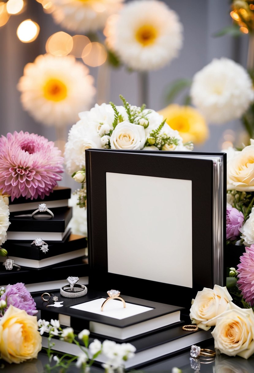 A wedding album surrounded by flowers, rings, and decorative elements in various sizes (8x8, 10x10, 12x12) for a luxurious display