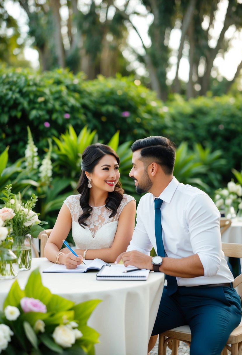 A couple seated at a table outdoors, surrounded by lush greenery and flowers, with a notebook and pen, discussing wedding budget