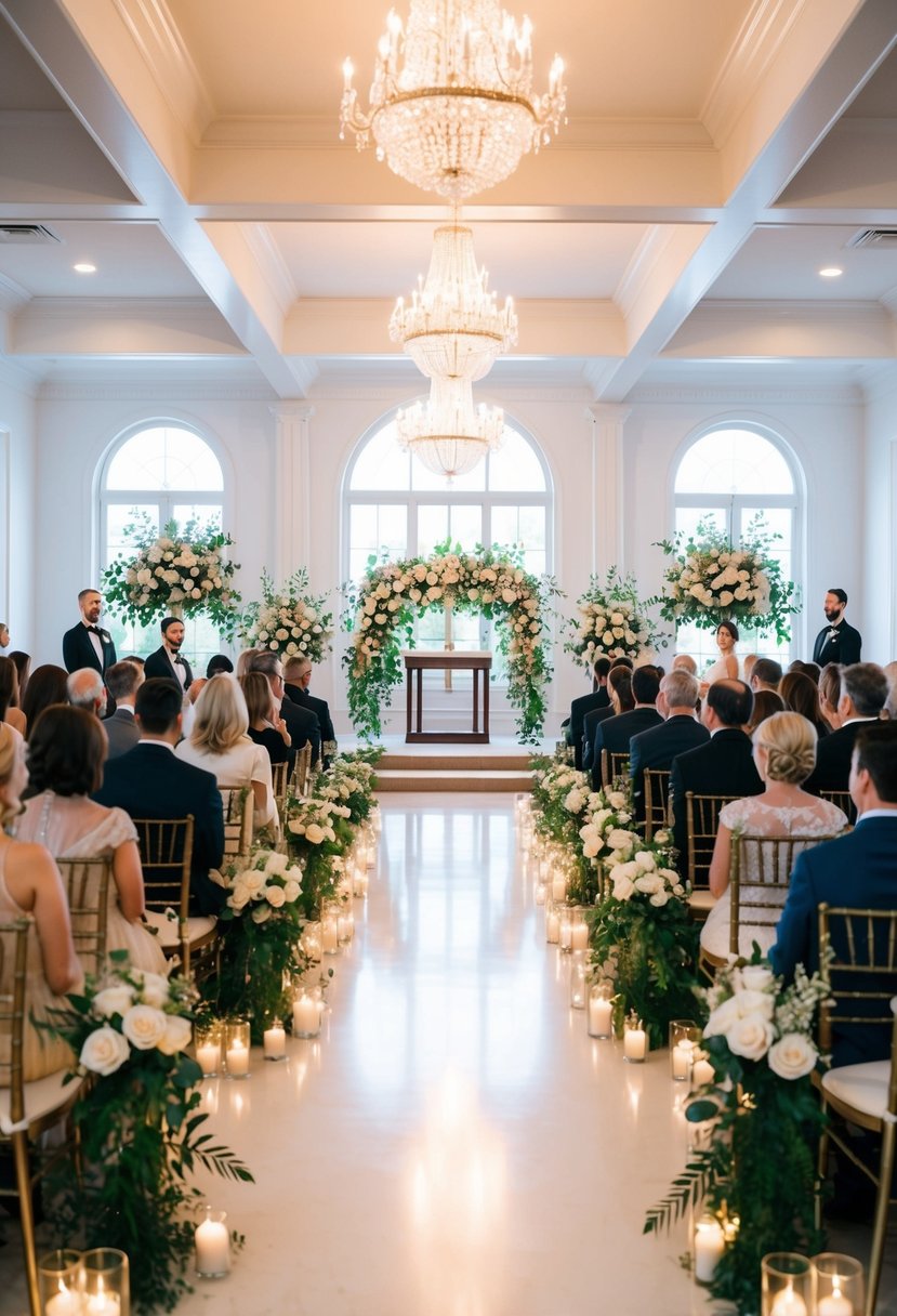 A brightly lit indoor wedding ceremony with elegant floral arrangements, a beautifully decorated altar, and rows of stylish seating for guests