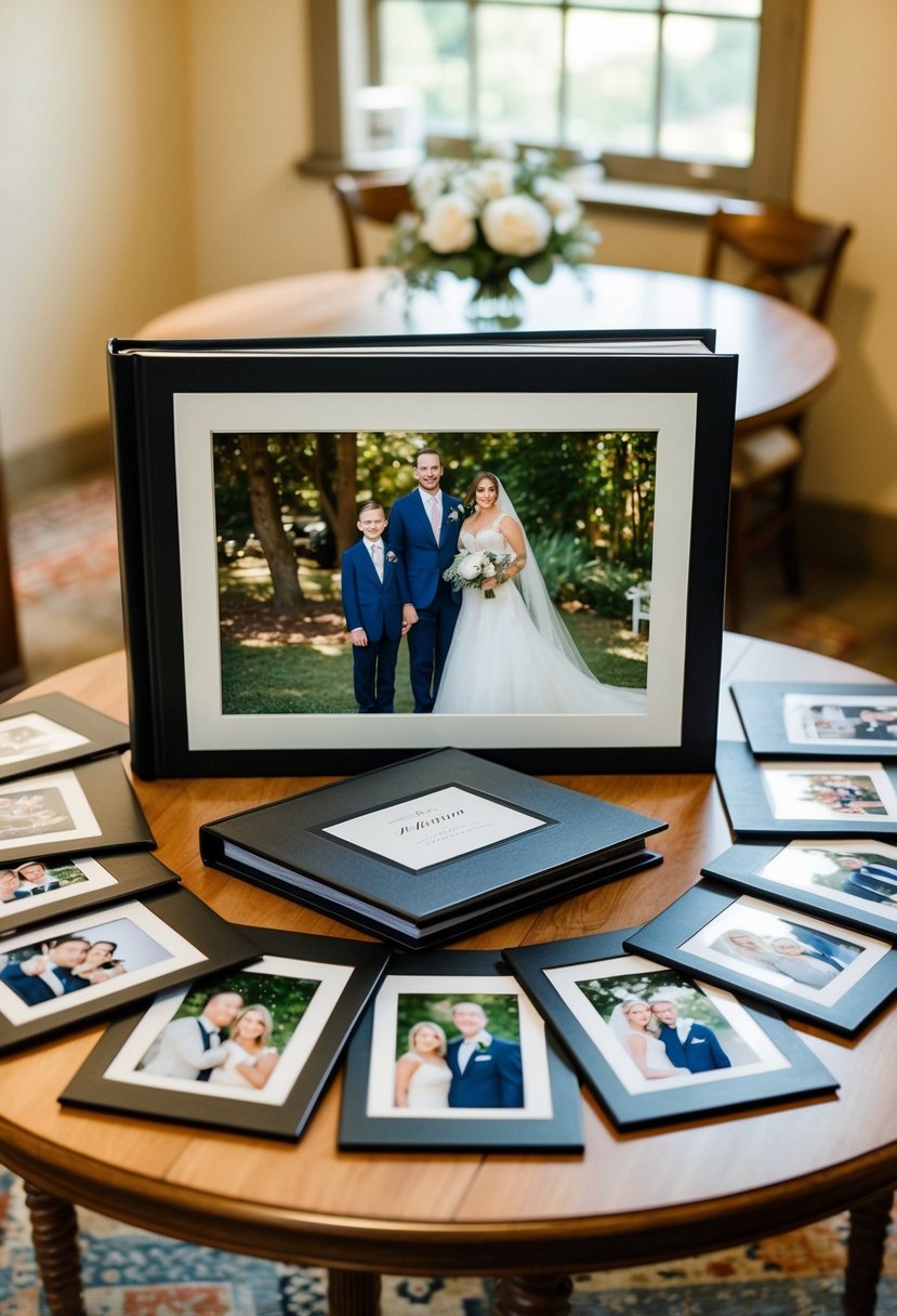 A table displays a wedding album surrounded by family group photos