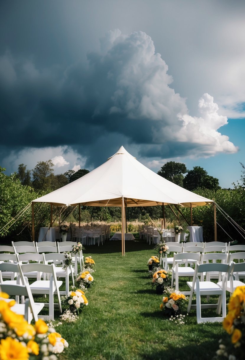 A sunny outdoor wedding setup with a tent and chairs, surrounded by greenery and flowers. Dark clouds loom in the distance, hinting at a possible weather backup plan