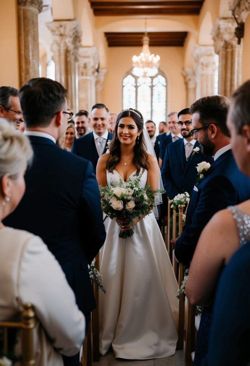 A wide-angle lens captures the intimate indoor wedding ceremony, emphasizing the close proximity of guests and the ornate details of the venue