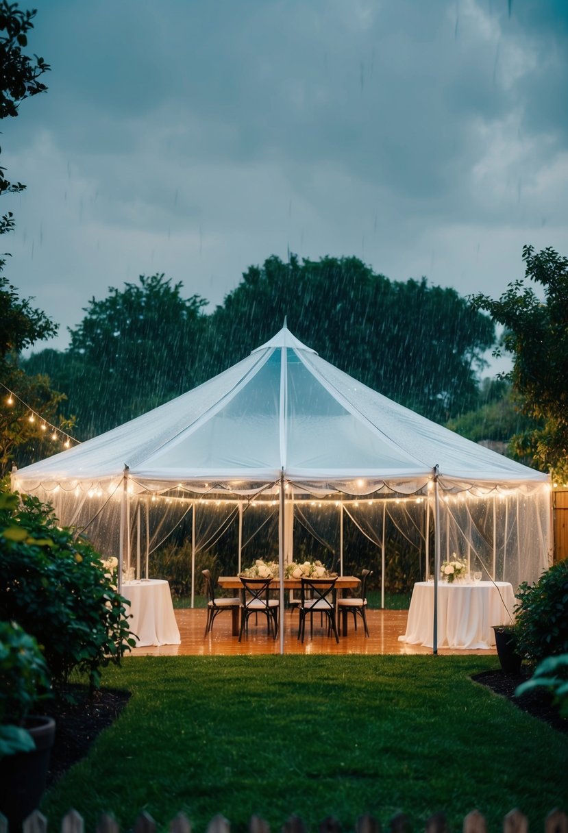 A clear tent set up in a backyard, rain falling gently on the roof, surrounded by lush greenery and twinkling lights