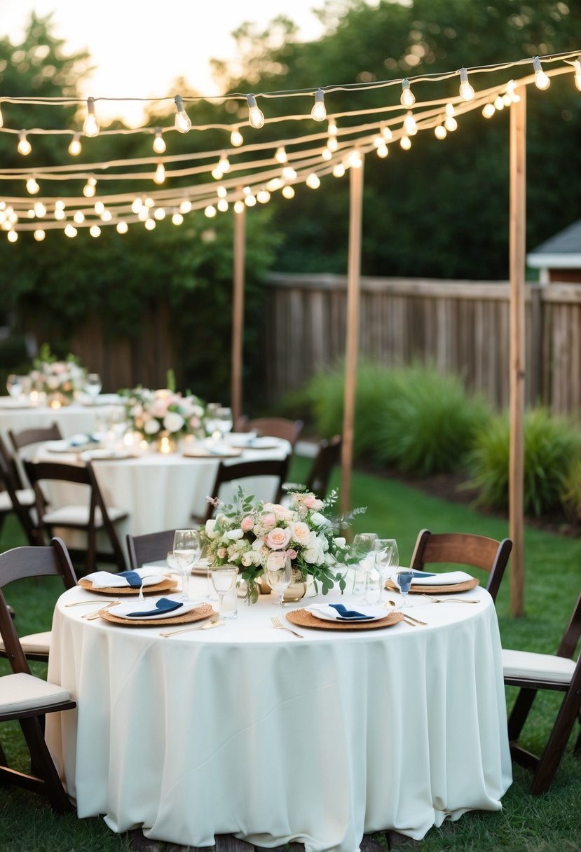 A backyard wedding with handmade decorations, string lights, and floral arrangements