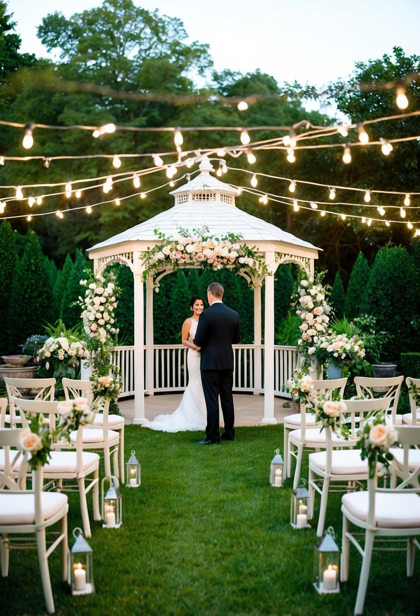 A serene backyard with a decorated gazebo, floral arch, and elegant seating arrangements under twinkling string lights. A professional vendor sets up a beautiful outdoor wedding ceremony