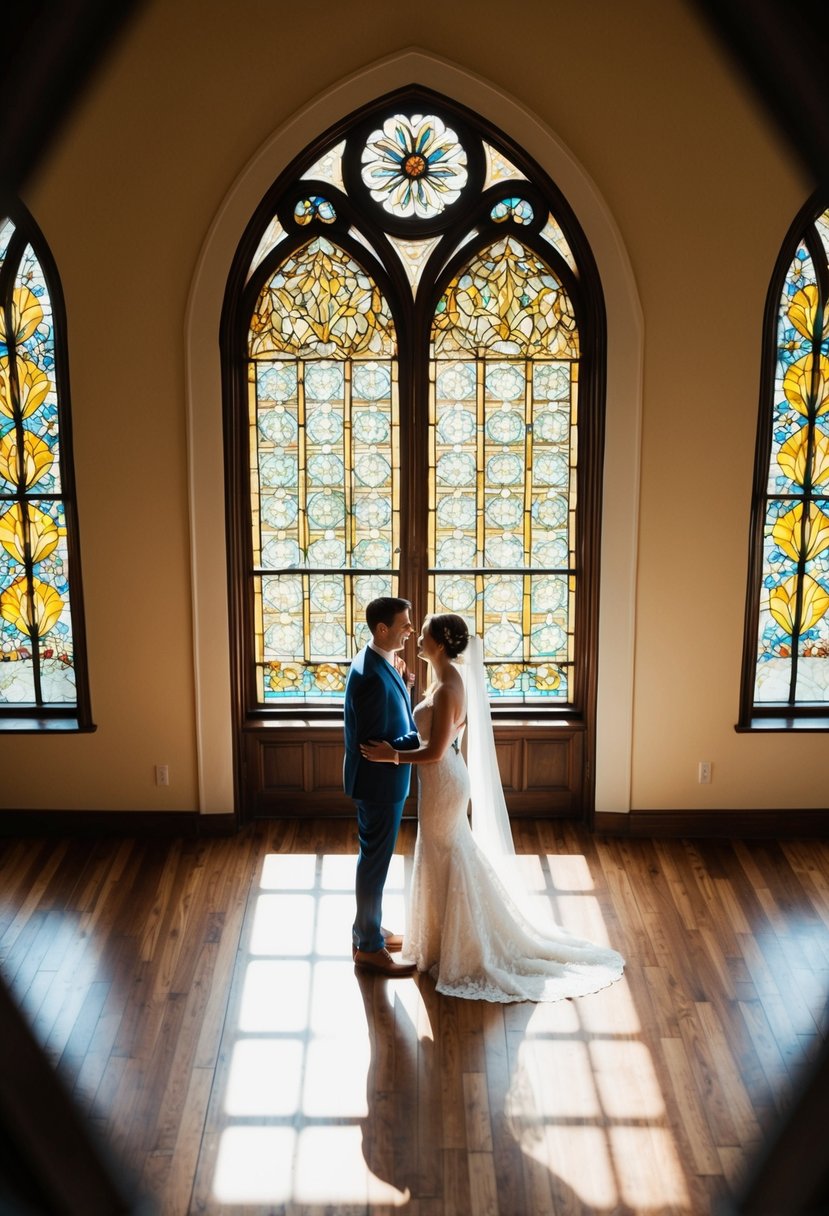 A bird's eye view of a couple exchanging vows in a sunlit room, framed by the intricate patterns of a stained glass window