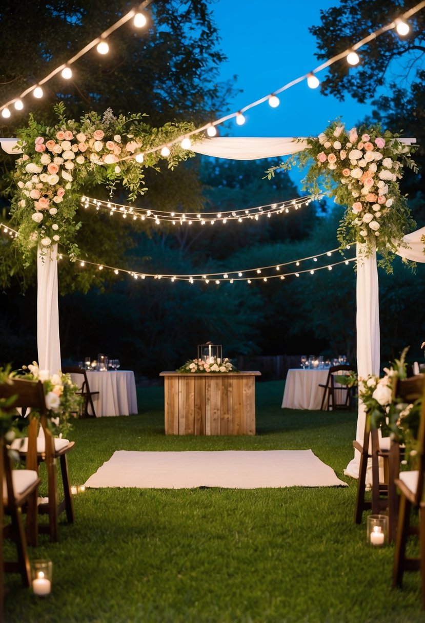 A serene backyard setting with a flower-filled arch, string lights, and a rustic wooden altar. A timeline of events includes a ceremony, dinner, and dancing under the stars