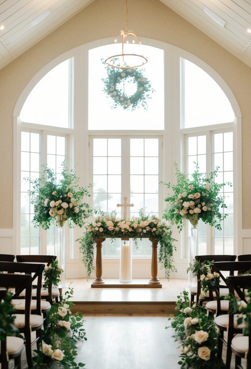 A cozy indoor wedding venue with large windows letting in soft, natural light. A beautiful altar adorned with flowers and greenery is the focal point