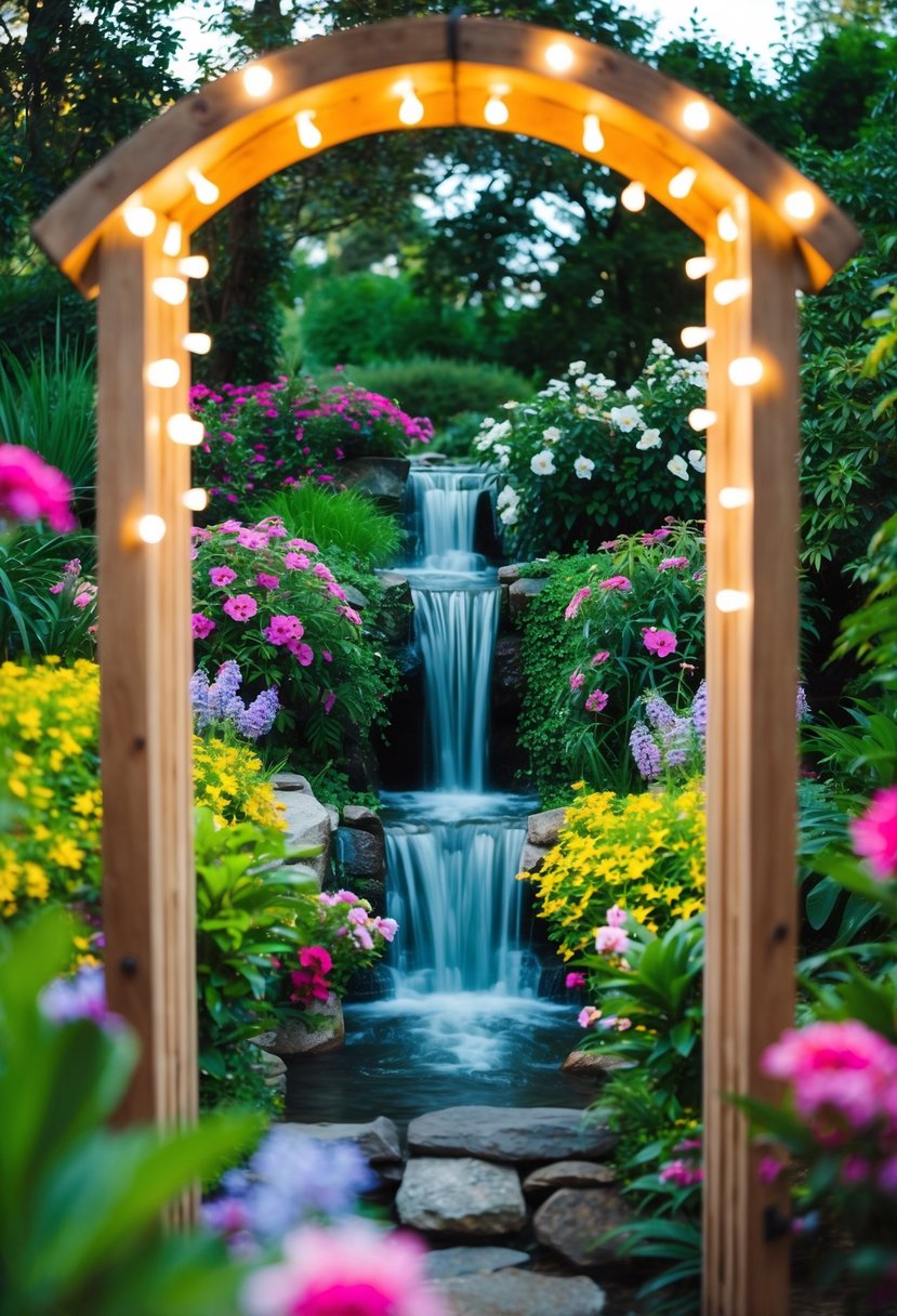 A lush garden with vibrant flowers and a cascading waterfall, framed by a wooden archway adorned with twinkling lights