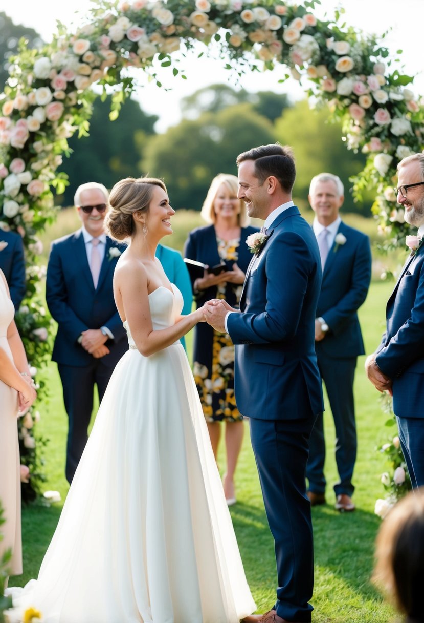 A couple standing beneath a floral arch, exchanging heartfelt words in front of their friends and family