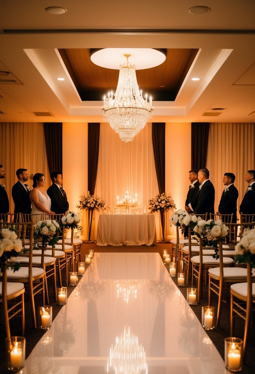 Soft, warm light illuminates an intimate indoor wedding ceremony. The glow highlights the elegant decor and creates a romantic ambiance