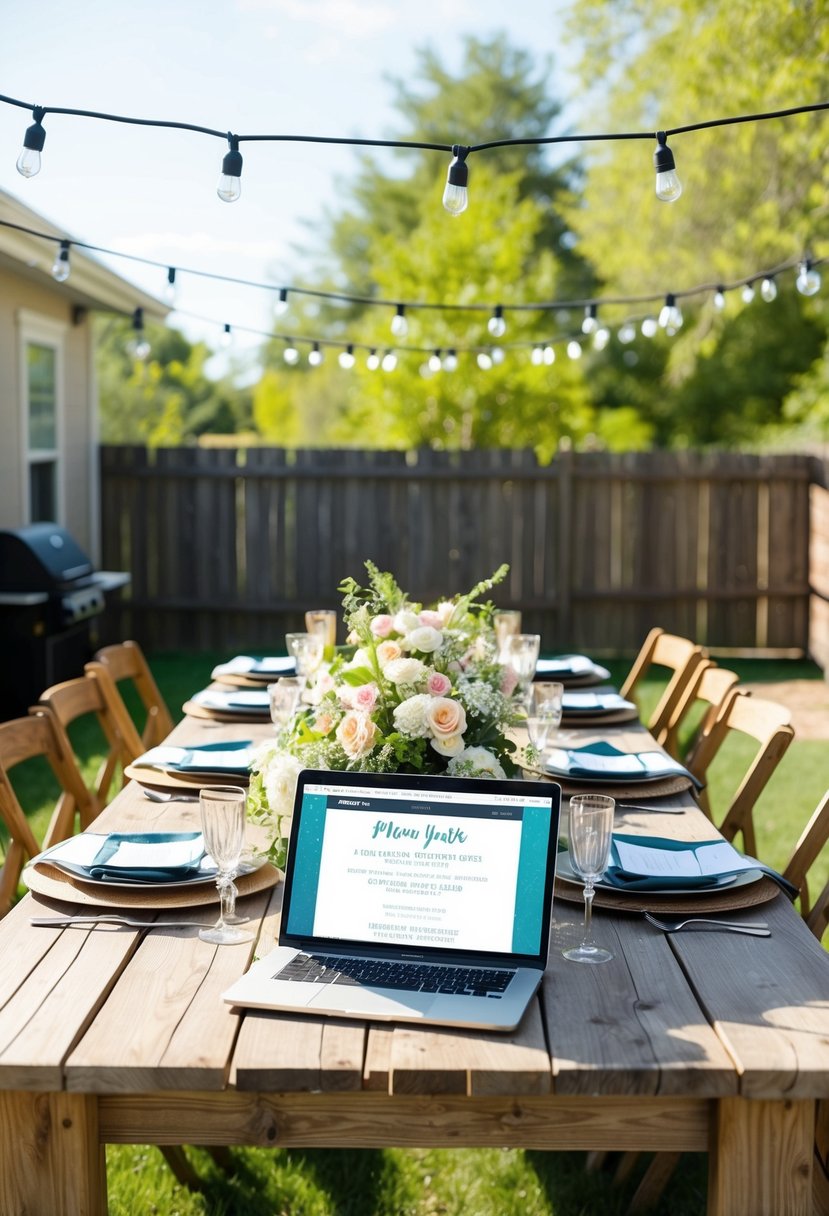 A sunny backyard with a rustic wooden table set with floral centerpieces and string lights hung overhead. An open laptop displays a digital invite design