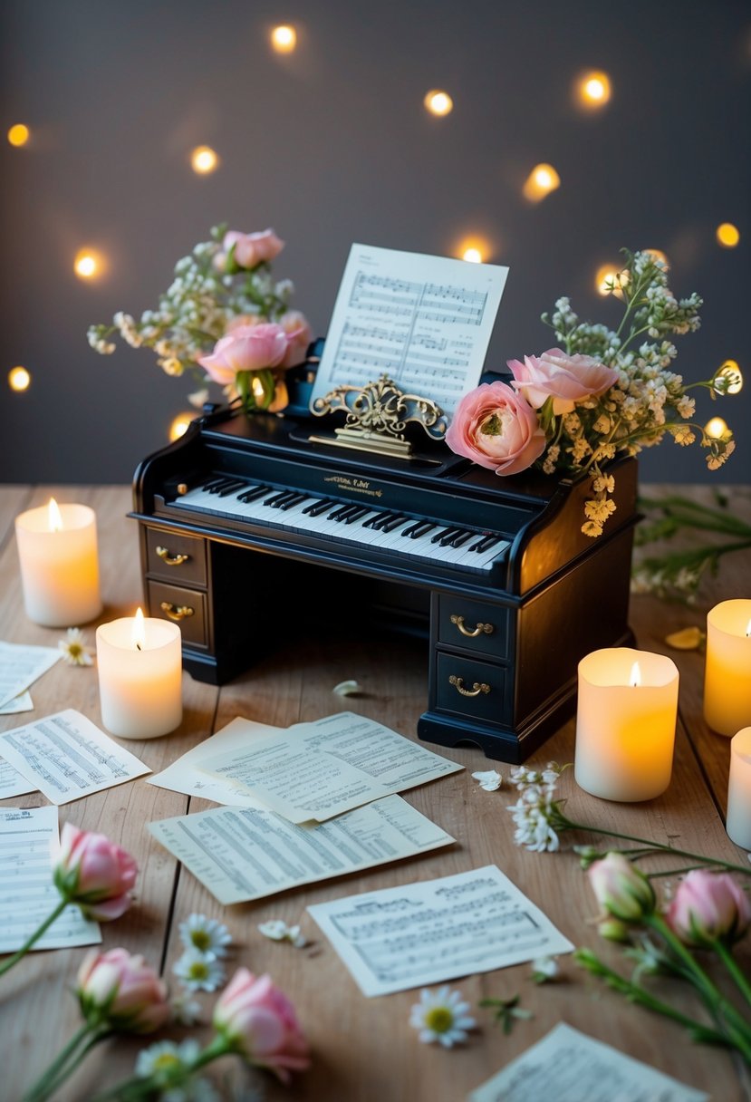 A pen and ink drawing of a vintage desk with scattered love letters and sheet music, surrounded by delicate flowers and soft candlelight