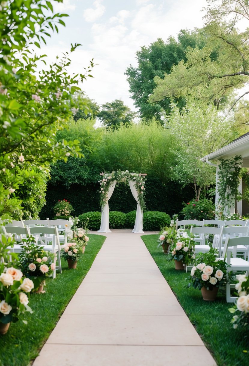 A backyard wedding with lush greenery, blooming flowers, and a winding pathway leading to a charming ceremony area