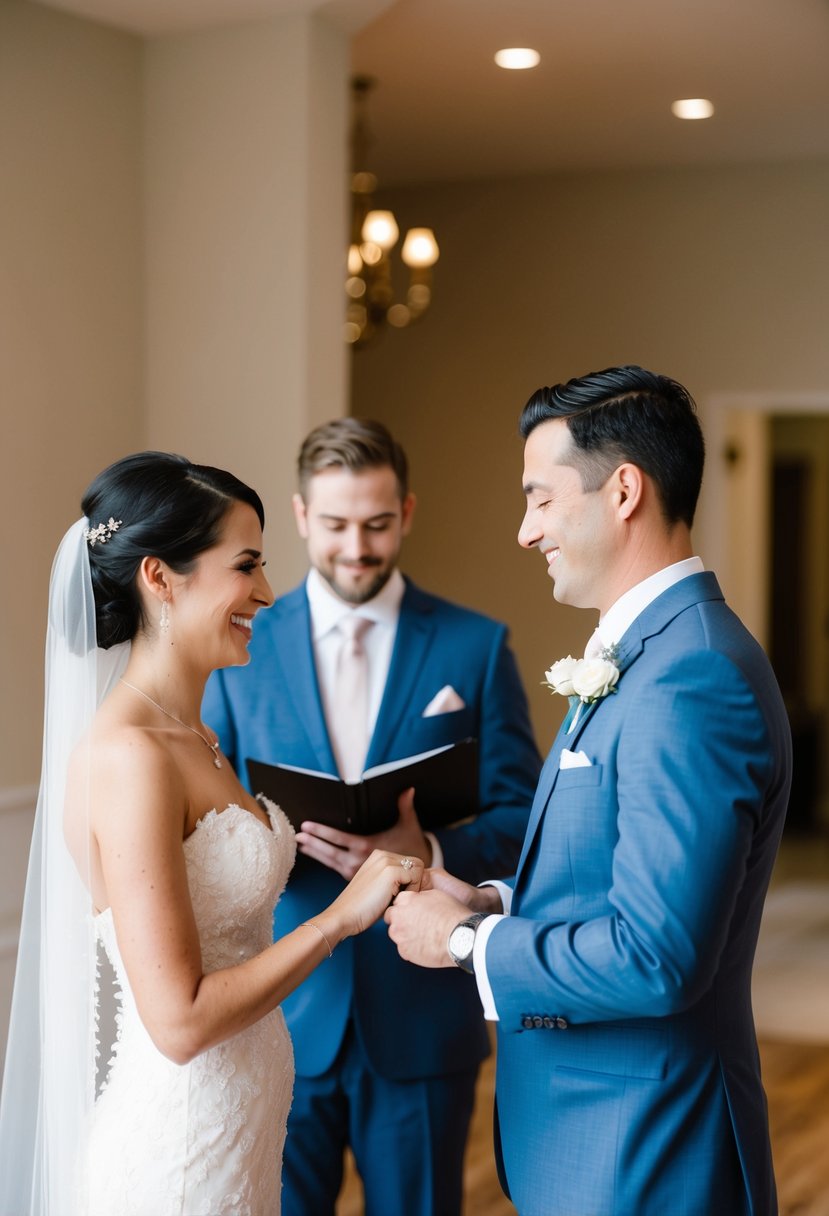 A photographer capturing an intimate moment between the bride and groom exchanging vows in a softly lit indoor setting