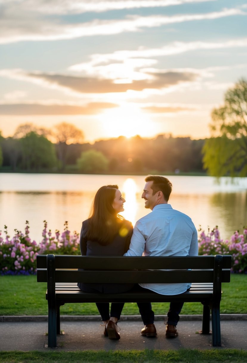 A couple sits together on a park bench, surrounded by blooming flowers and a serene lake. The sun sets behind them, casting a warm glow on their faces as they share personal stories and laugh together