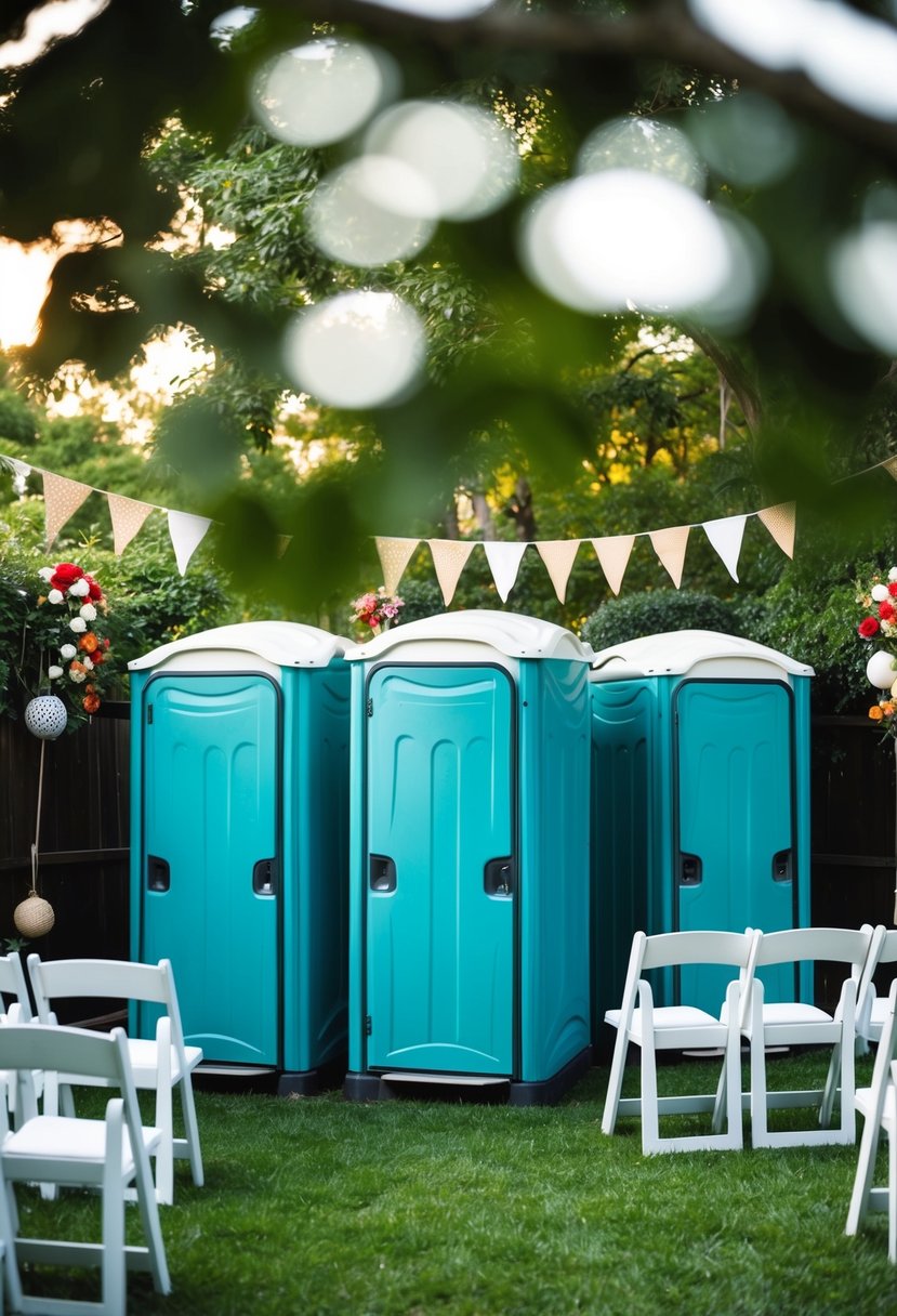 A backyard wedding with portable restrooms set up in a corner, surrounded by festive decorations and seating for guests