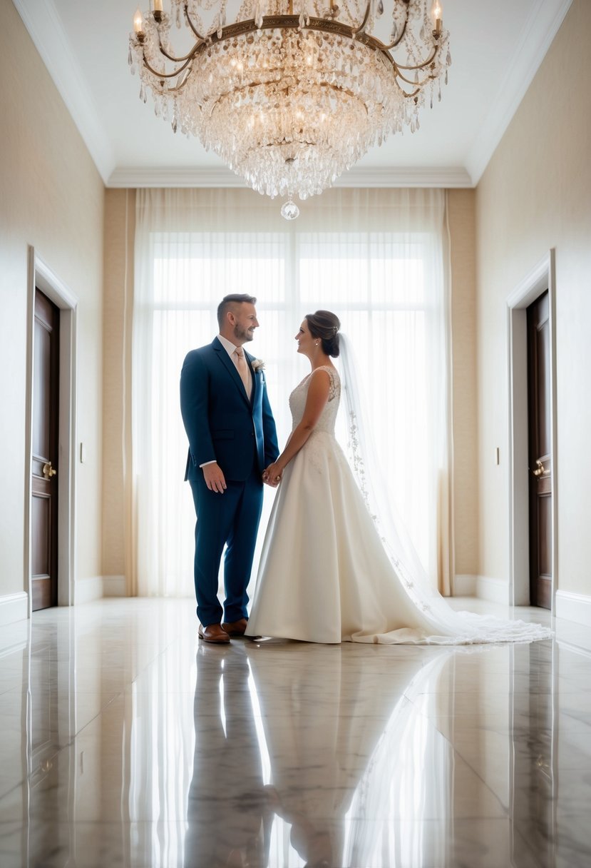 The bride and groom stand beneath a crystal chandelier, their reflections shimmering in the polished marble floor