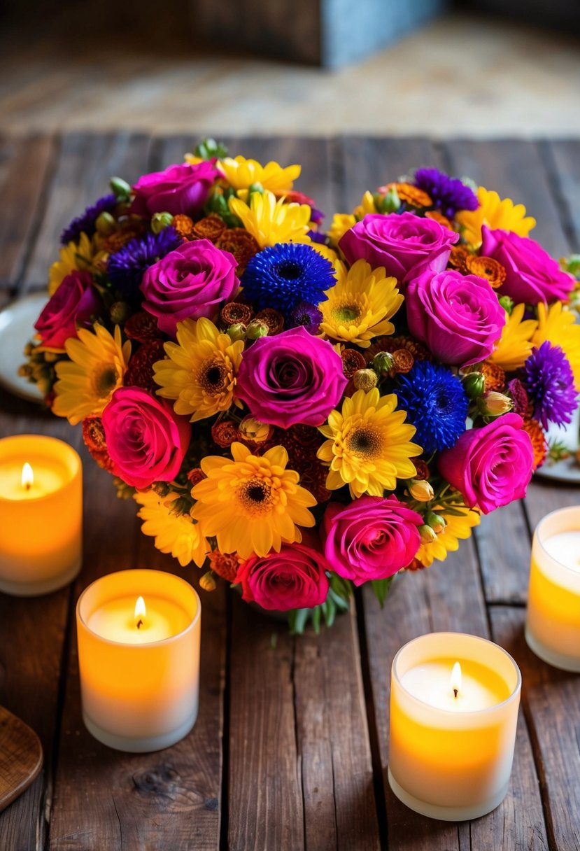 A heart-shaped bouquet of colorful flowers surrounded by glowing candles on a rustic wooden table