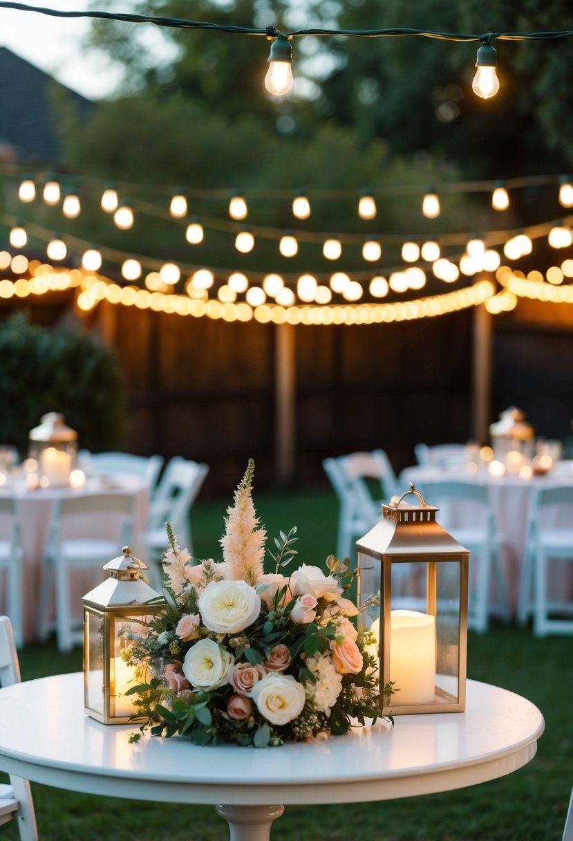 A backyard wedding with warm, soft lighting from string lights and lanterns, highlighting the floral decorations and creating a romantic ambiance