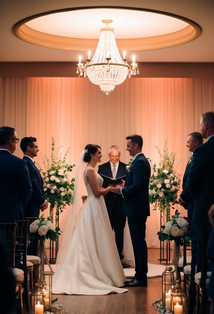 A dimly lit indoor wedding ceremony with soft, warm lighting, elegant decor, and a couple standing at the altar exchanging vows