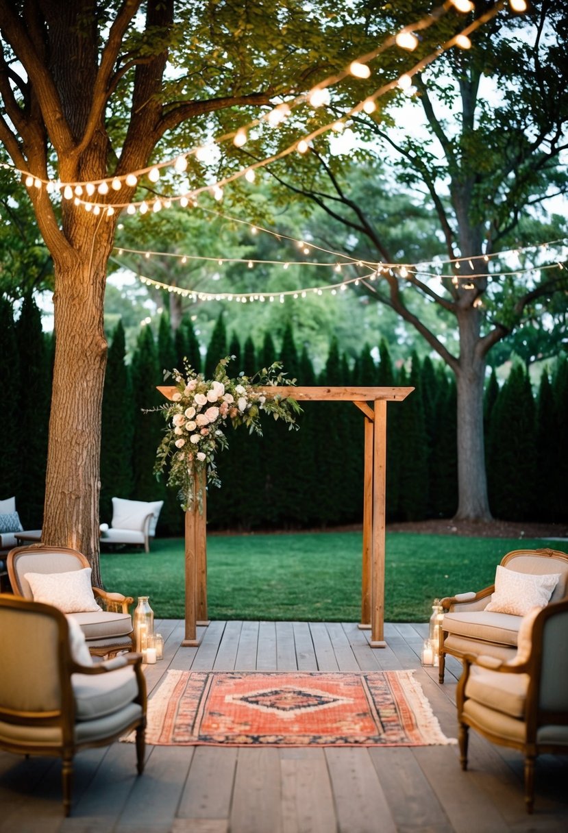 A backyard wedding with personal touches: fairy lights draped over trees, a rustic wooden arch adorned with flowers, and a cozy seating area with vintage rugs and cushions