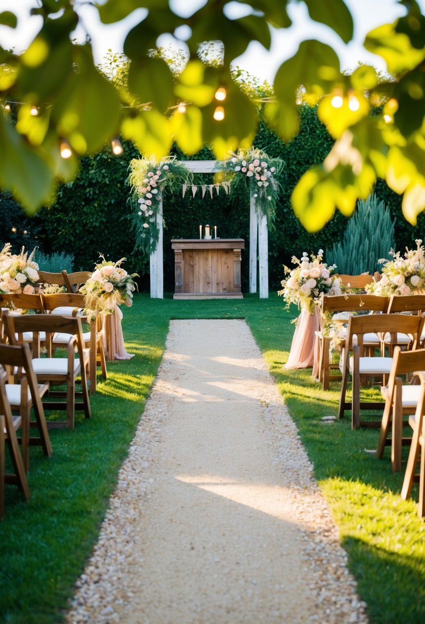 A sunlit garden with a winding path leading to a rustic wooden altar adorned with flowers, surrounded by lush greenery and twinkling fairy lights