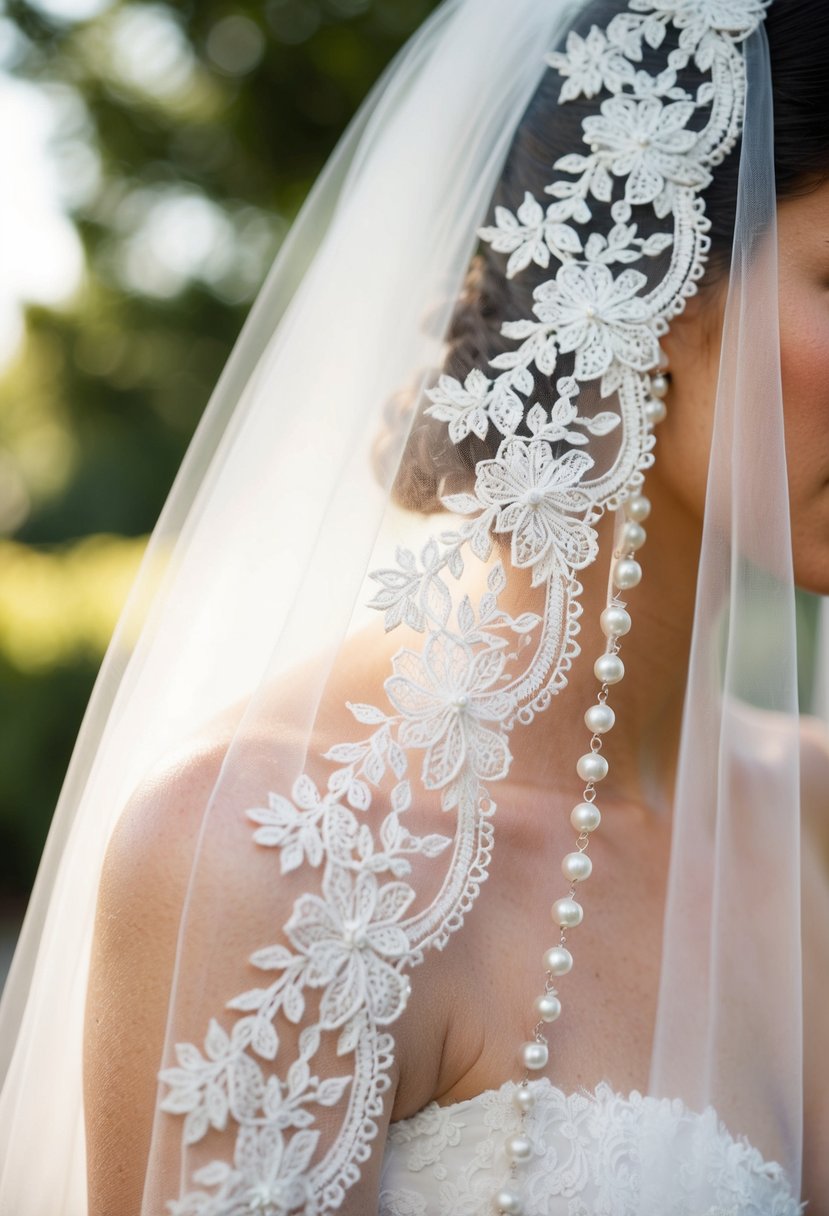 A close-up of a bride's delicate lace veil cascading over her shoulder, with soft focus on the intricate beading and delicate fabric