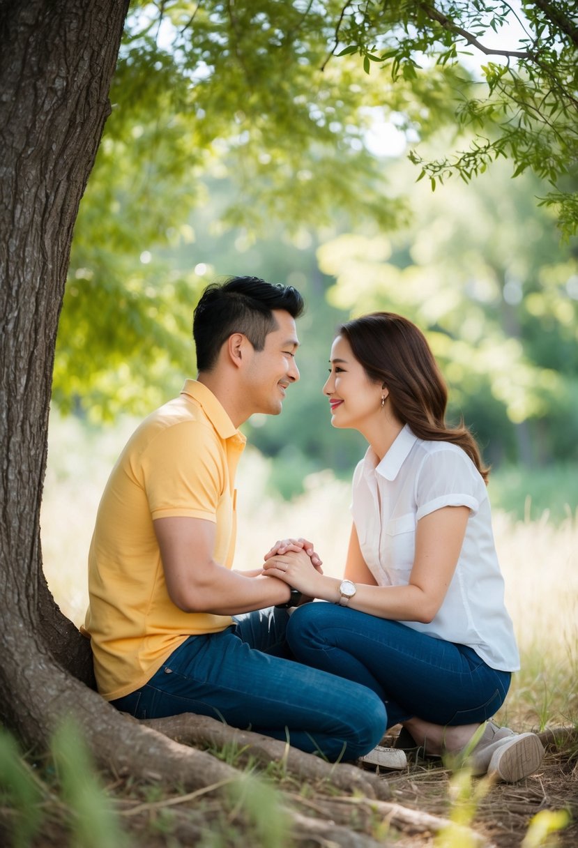 A couple sitting together under a tree, surrounded by nature. They are holding hands and gazing into each other's eyes, with a serene and loving expression on their faces