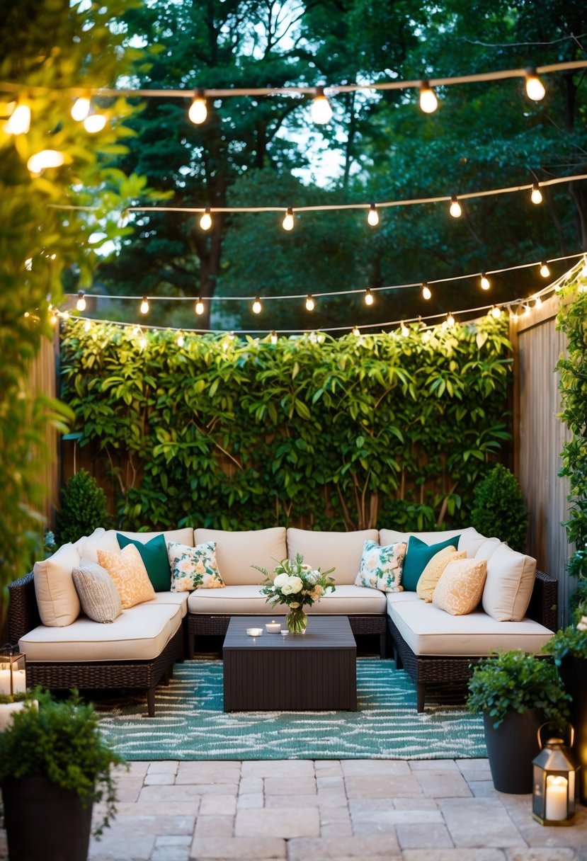 A cozy lounge area with string lights, comfortable seating, and lush greenery creates a relaxing backyard wedding ambiance