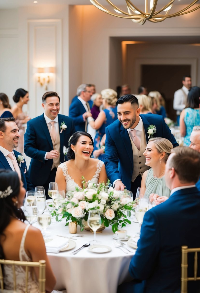 Guests mingling, laughing, and congratulating the newlyweds in a beautifully decorated indoor space with soft lighting and elegant decor