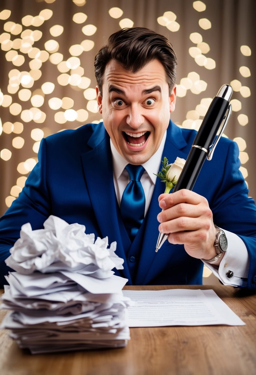 A groom holding a comically oversized pen, struggling to write wedding vows as a stack of crumpled papers sits beside him