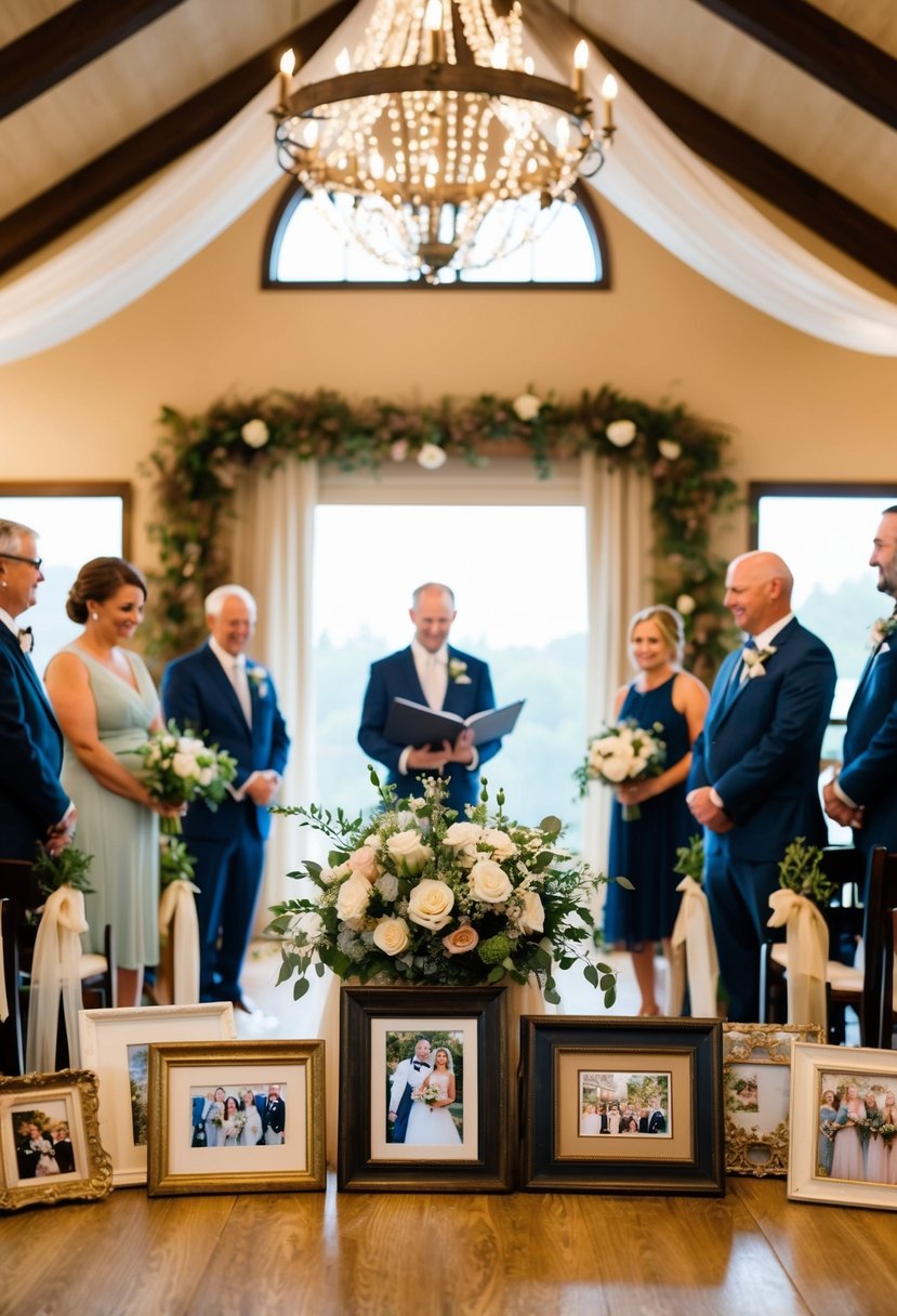 A cozy indoor wedding ceremony with family heirlooms, framed photos, and personalized decor