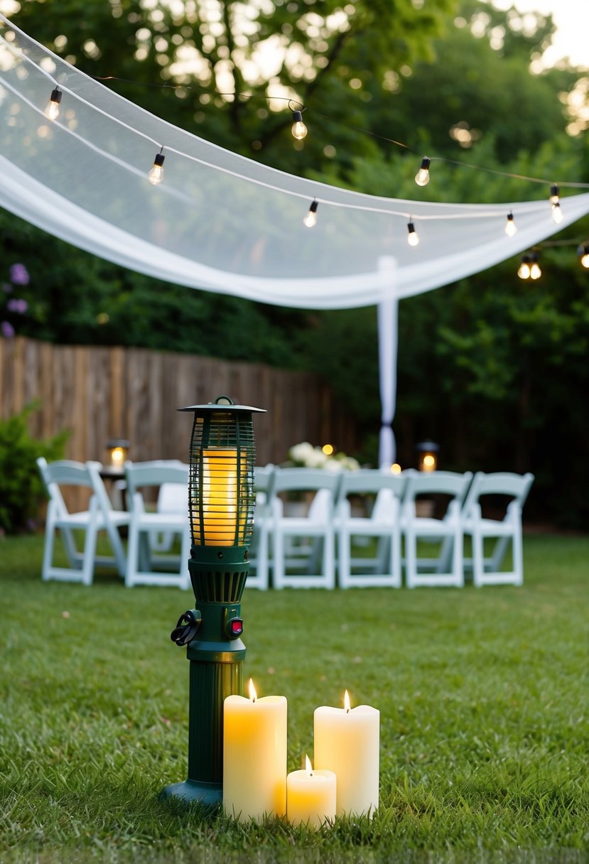 A backyard wedding with bug control measures in place: citronella candles, bug zappers, and mosquito netting covering the seating area