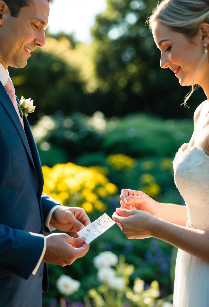 A couple standing in a sunlit garden, exchanging handwritten vows on a small piece of paper