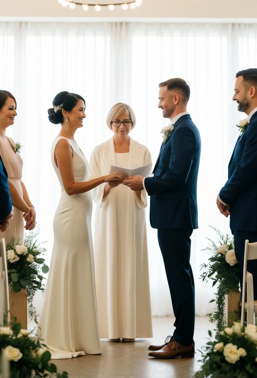 A simple, elegant indoor wedding ceremony with soft lighting, minimal decor, and a focus on the couple exchanging vows