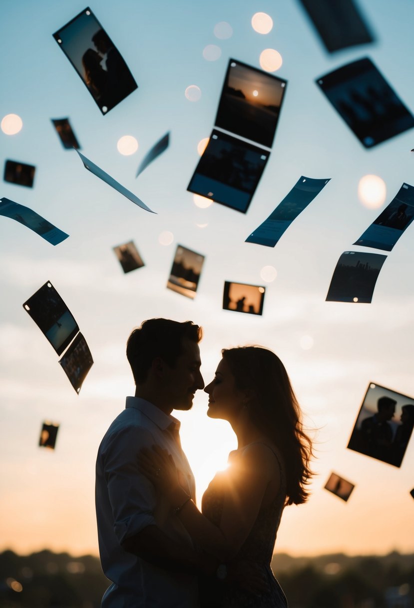 A couple's silhouette surrounded by floating memories: a first date, a shared adventure, a quiet moment