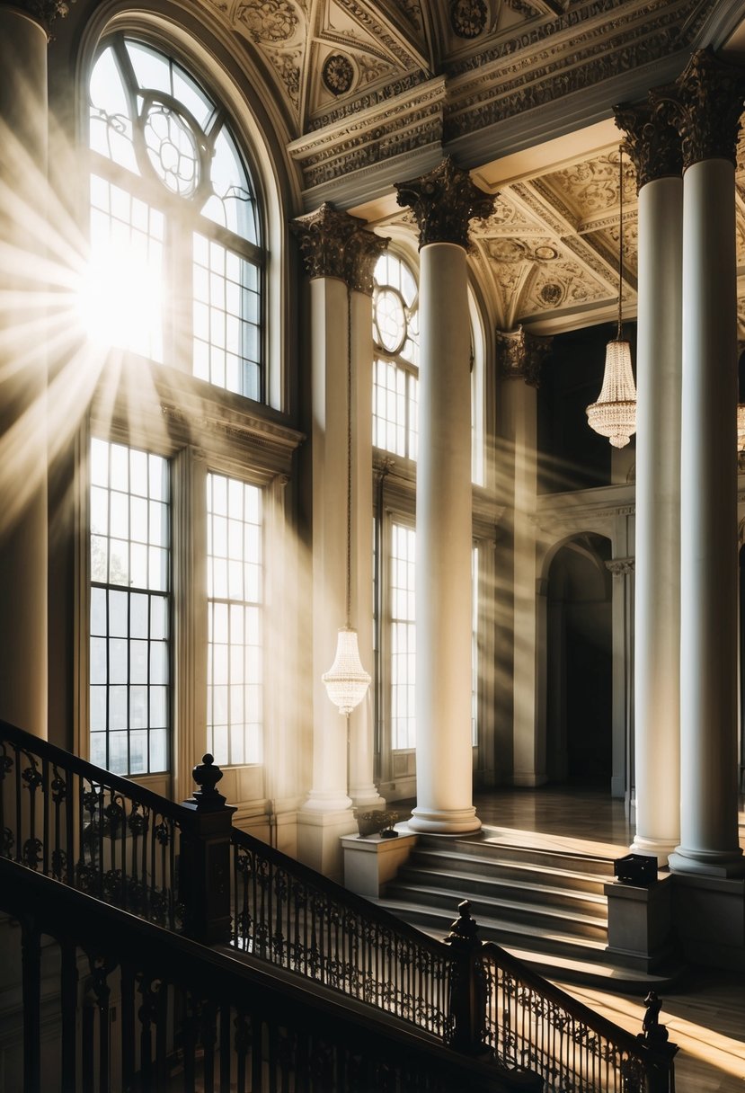 Sunlight streams through grand windows, illuminating ornate columns and intricate ceiling details. A dramatic staircase leads to a raised platform, framed by elegant archways and chandeliers