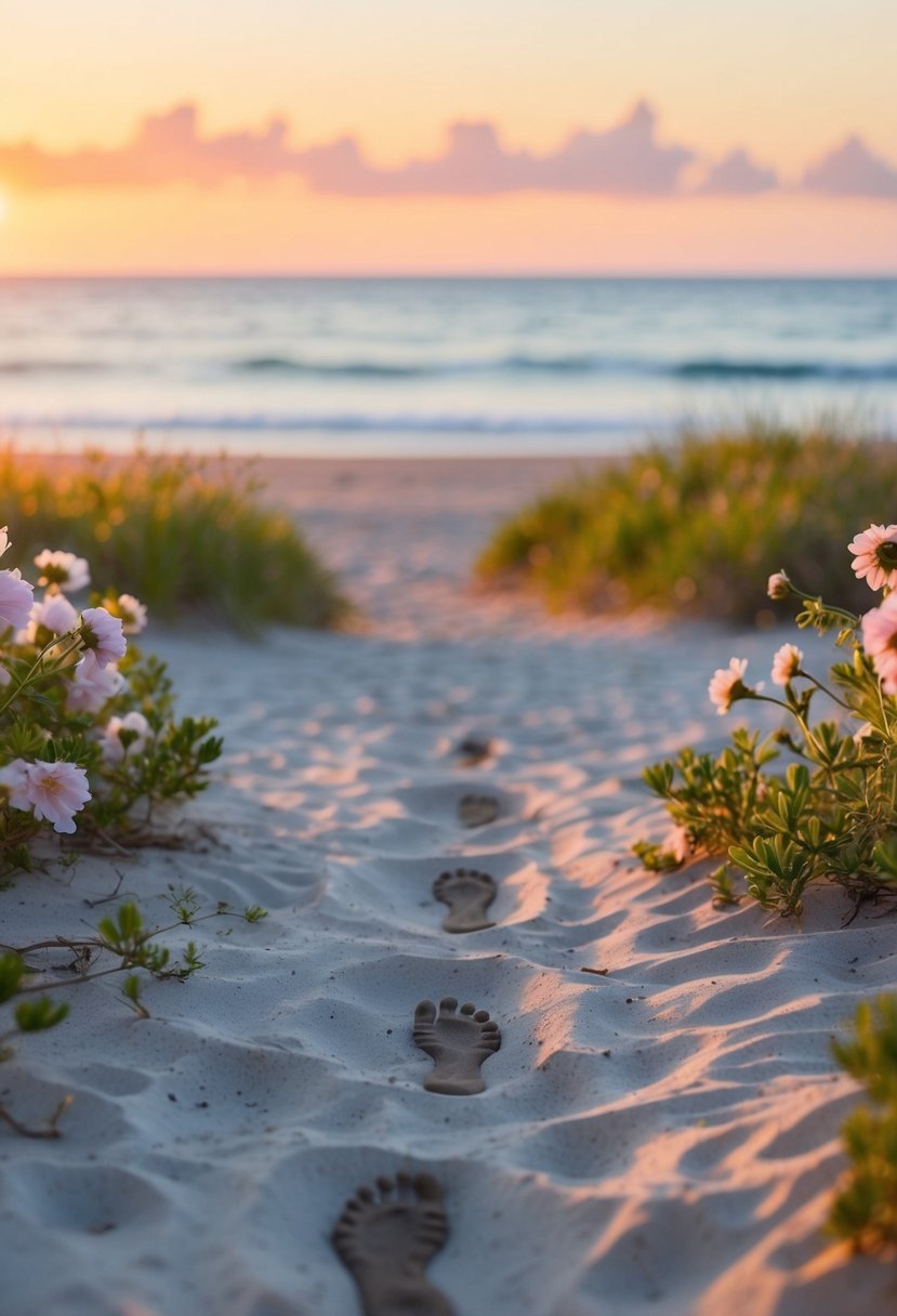 A serene beach at sunset, with two sets of footprints leading towards the ocean, surrounded by blooming flowers and a gentle breeze