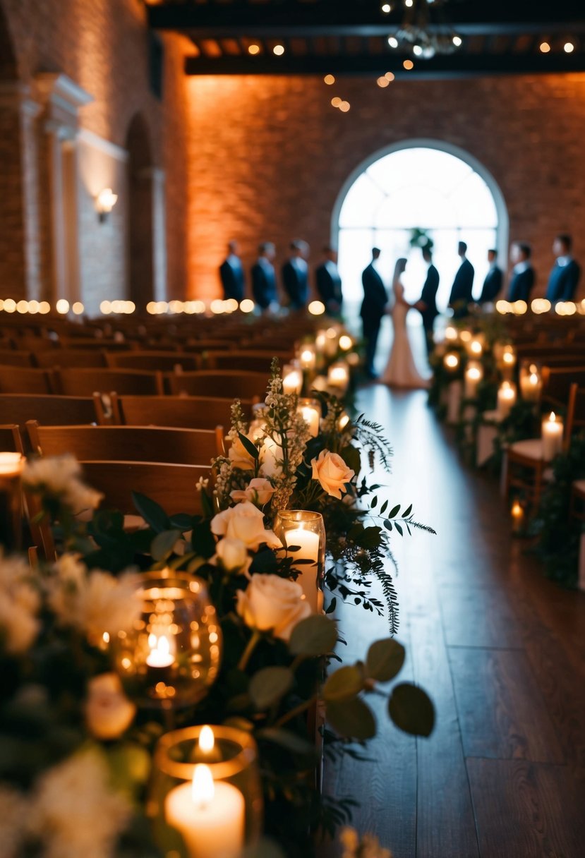 A dimly lit indoor wedding ceremony with soft, warm lighting and intricate details