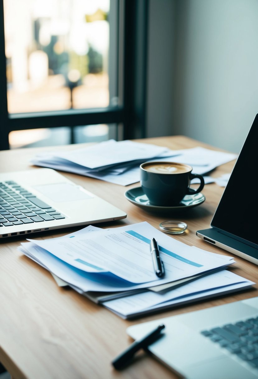 A desk with scattered papers, a pen, and a laptop. A cup of coffee sits nearby. The window shows a sunny day