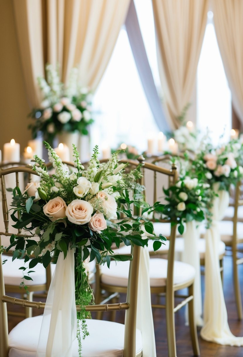 An indoor wedding ceremony set with elegant props: floral arrangements, candles, draped fabric, and ornate chairs